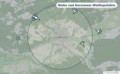 Mapa okolic miasta z sylwetkami samolotów — Niebo nad Gorzowem Wielkopolskim